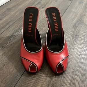 VTG Red Leather ROCKABILLY Miu Miu Peep-toe kitten heel mules sz EU 37.5 US 7